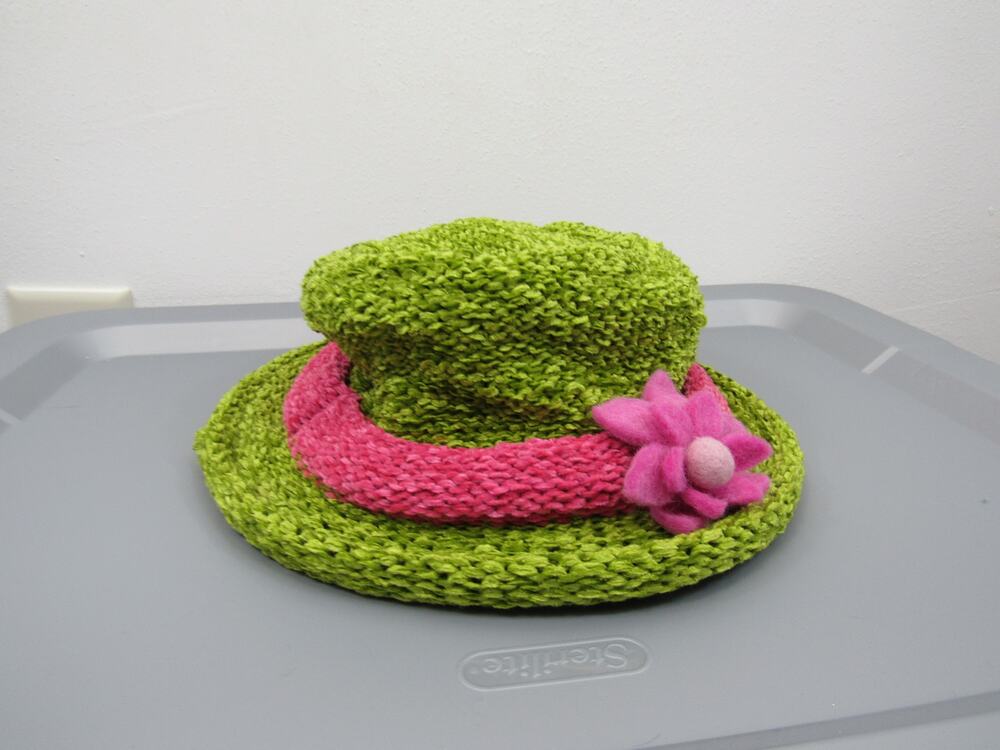 Patsy Flood O' Connor Chenille Lime Green Crochet Pink Flower Sun Hat Ireland